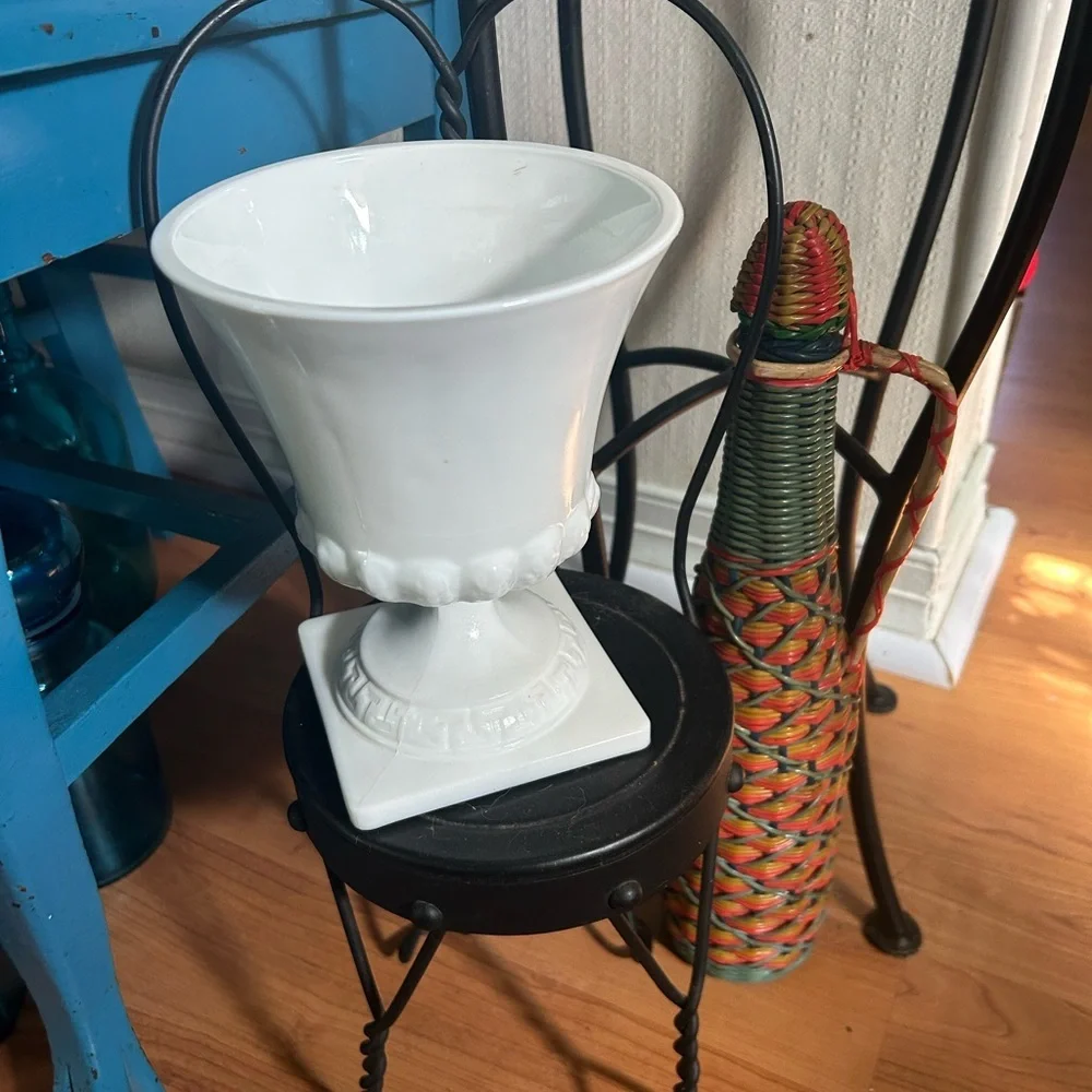 Vintage White Milk Glass Greek Key Wheat Pattern Pedestal Urn Compote Planter